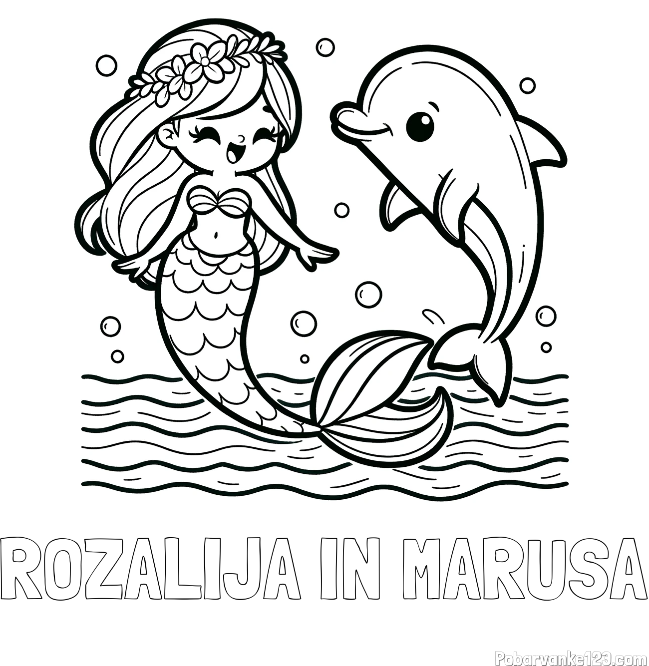 Pobarvanka imena ROZALIJA IN MARUŠA in pobarvanka ljubke morske deklice, ki pleše z delfinom