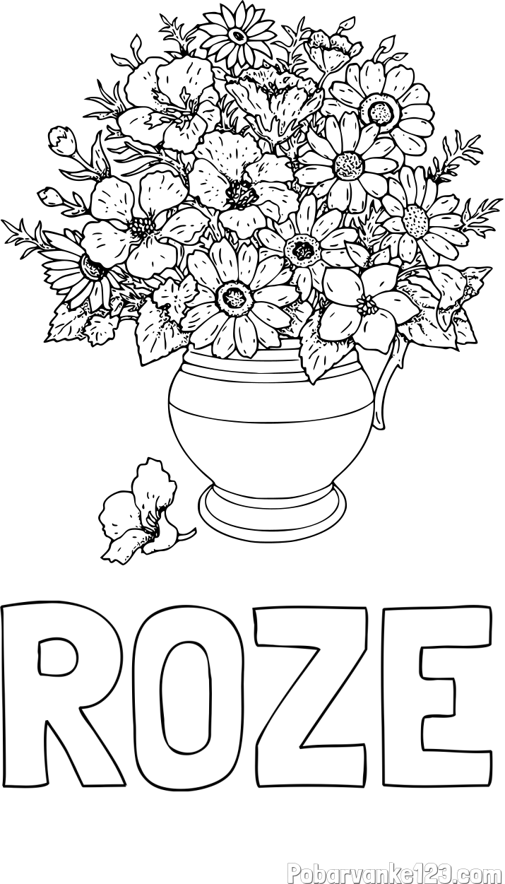 Pobarvanka imena ROŽE in pobarvanka cvetja v vazi