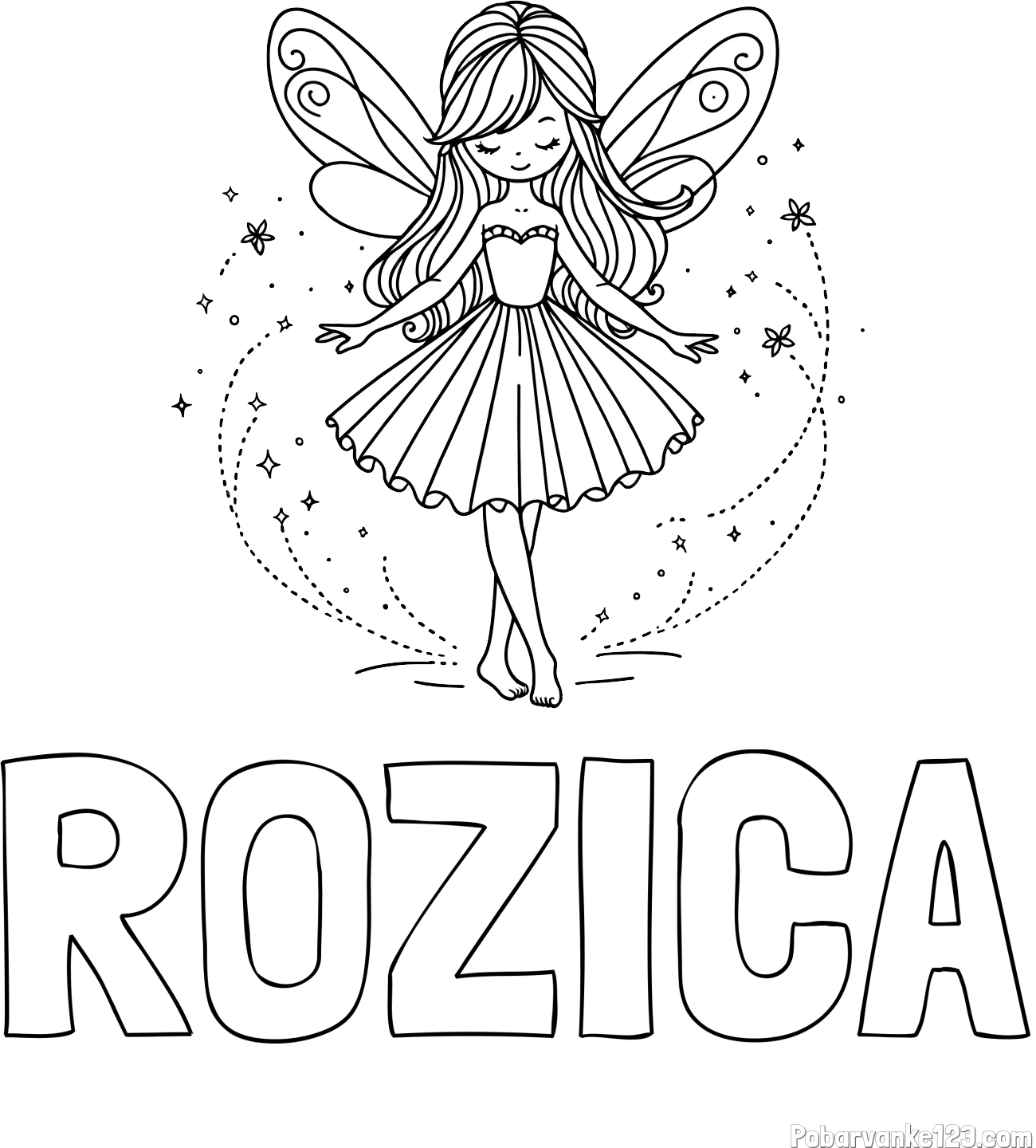 Pobarvanka imena ROŽICA in pobarvanka ljubke čarobne vile