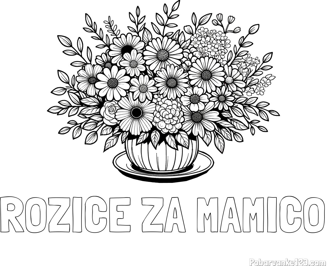 Pobarvanka imena ROŽICE ZA MAMICO in pobarvanka velikega šopka rož