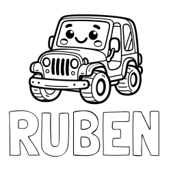 Online izdelana pobarvanka - Pobarvanka imena RUBEN in otroška pobarvanka ljubkega džipa