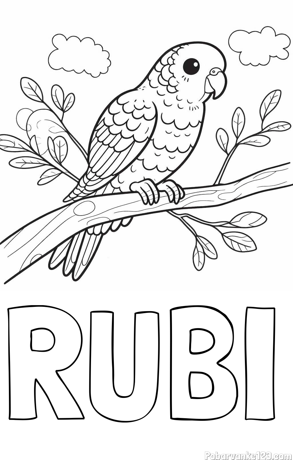 Pobarvanka imena RUBI in pobarvanka ljubkega kanarčka na veji
