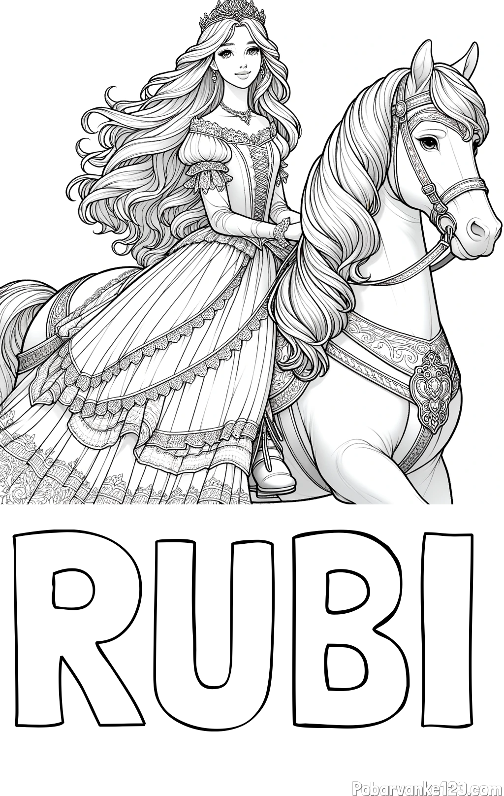 Pobarvanka imena RUBI in pobarvanka nasmejana princese na konju