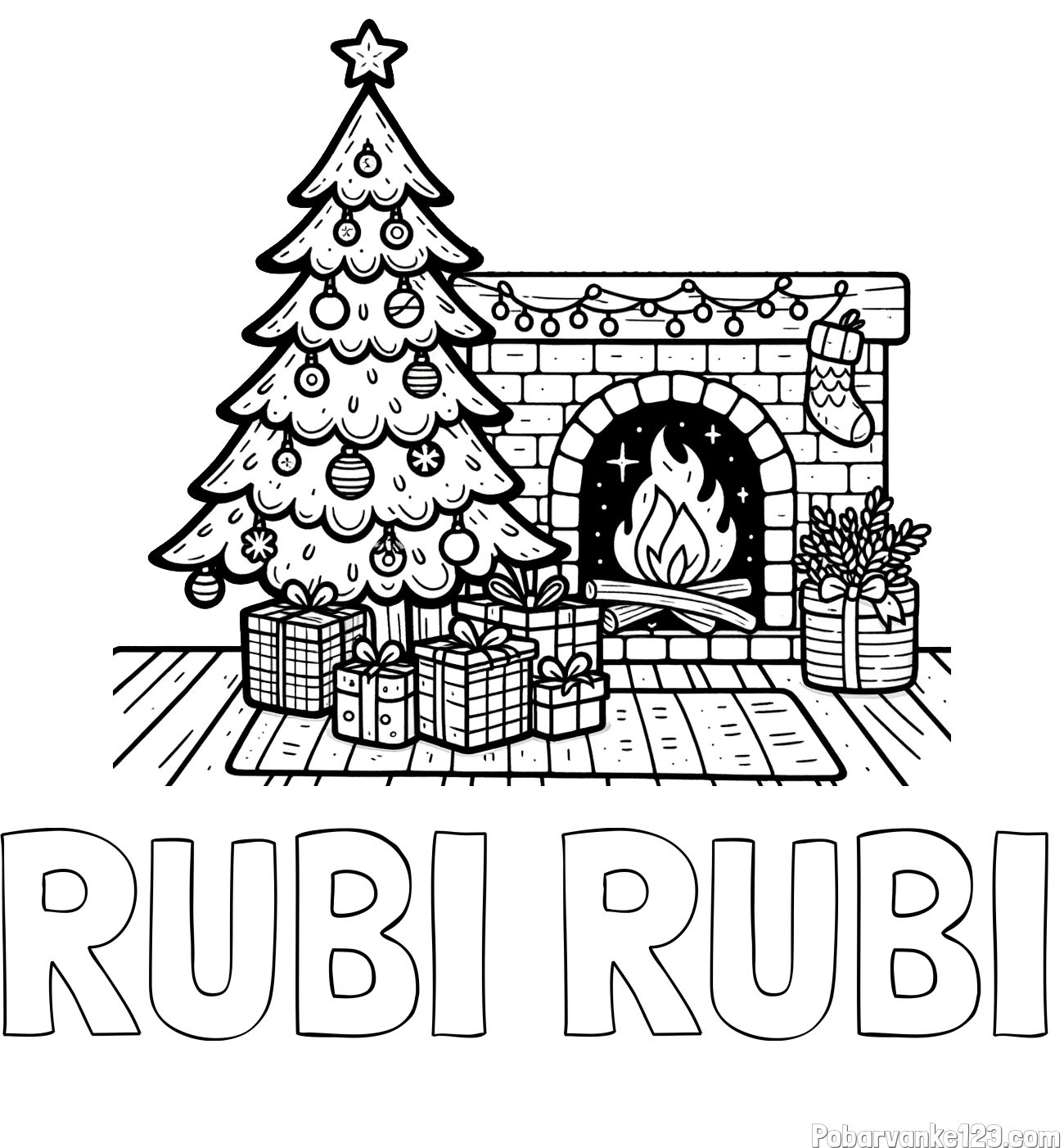 Pobarvanka imena RUBI RUBI in pobarvanka božične noči z božično smrečico, darili ter kaminom