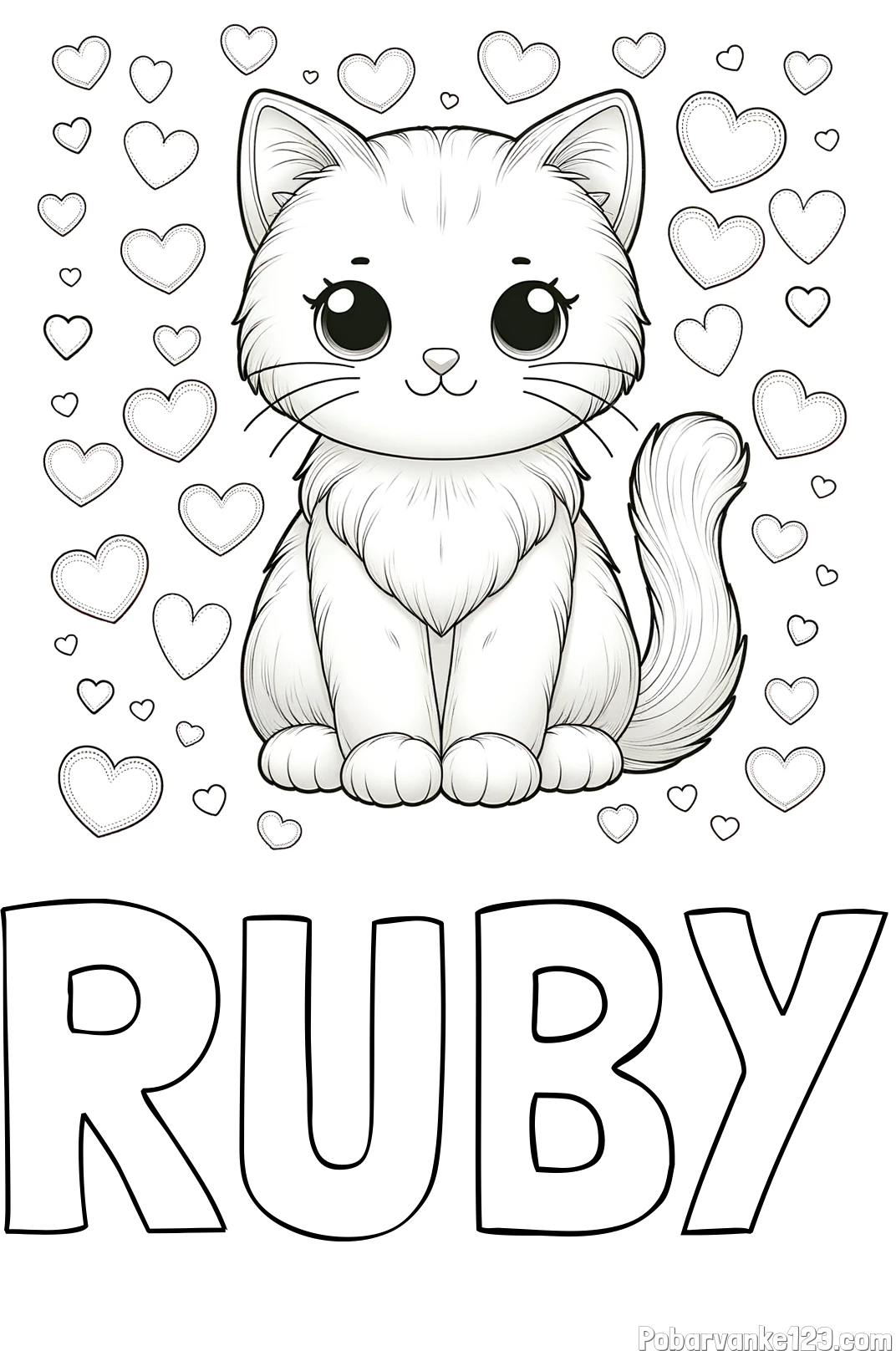 Pobarvanka imena RUBY in pobarvanka ljubke mucke obdane s srčki