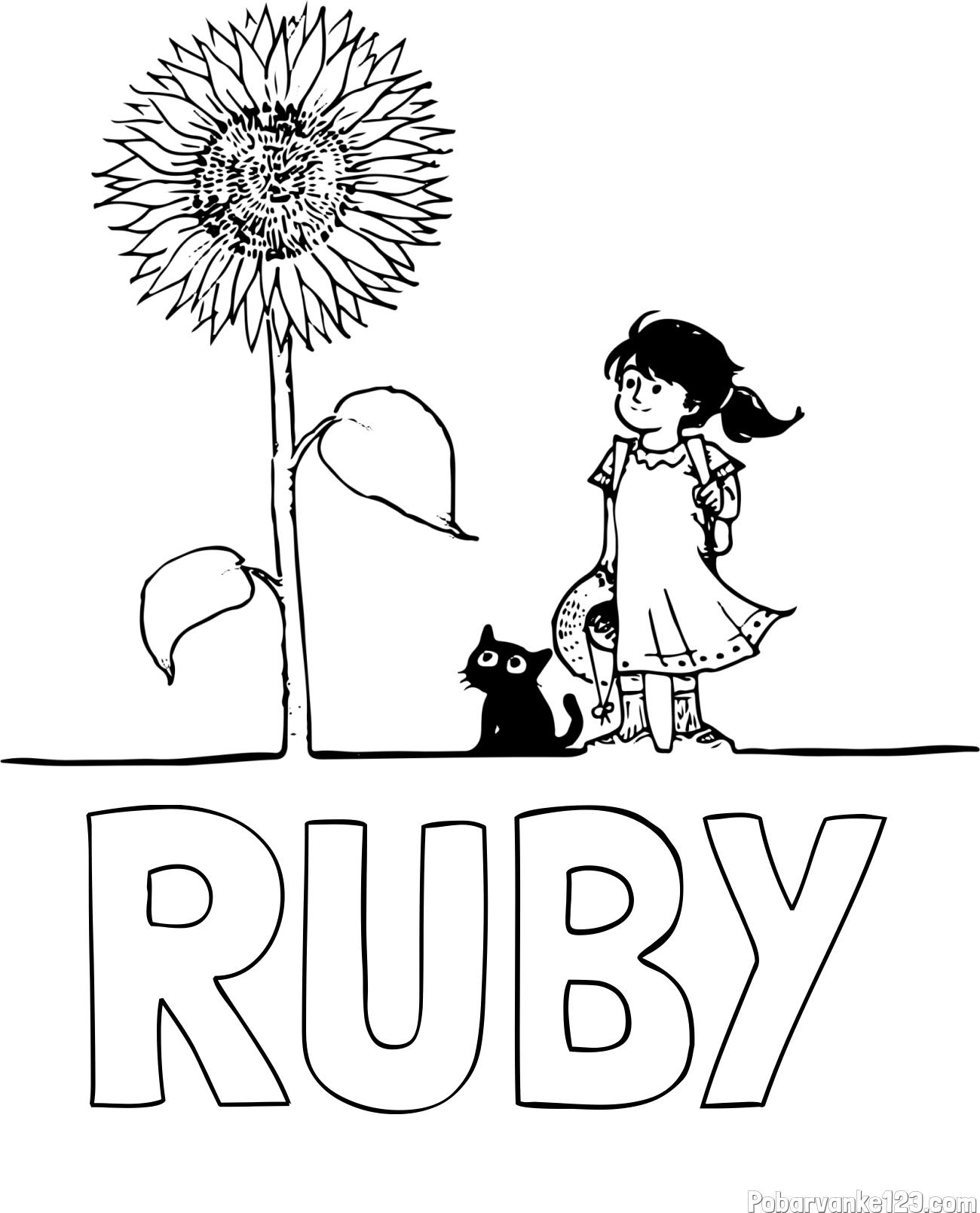 Pobarvanka imena RUBY in pobarvanka velike sončnice, deklice in ljubkega mačka
