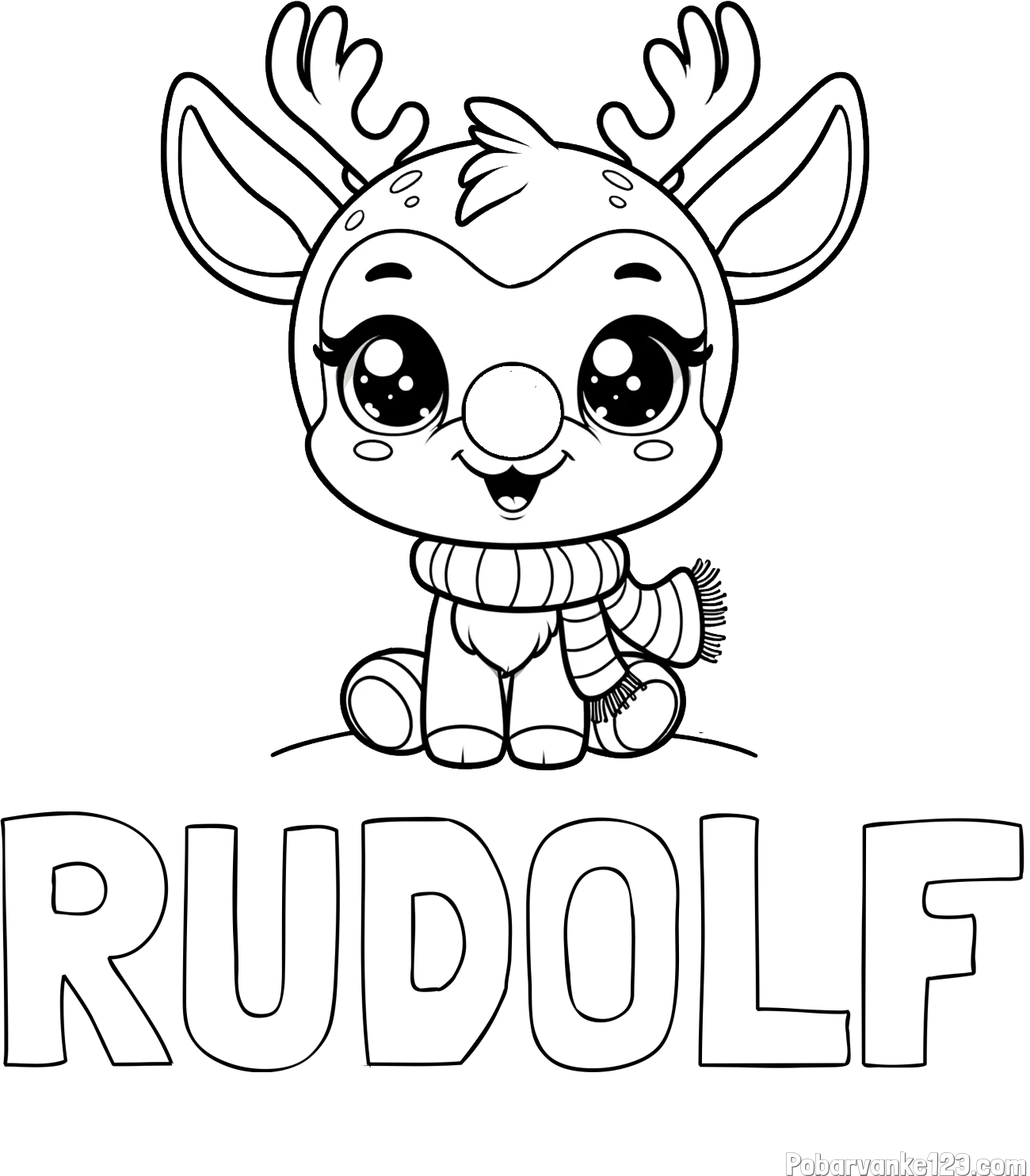 Pobarvanka imena RUDOLF in otroška pobarvanka jelenčka Rudolfa s šalom okoli vratu