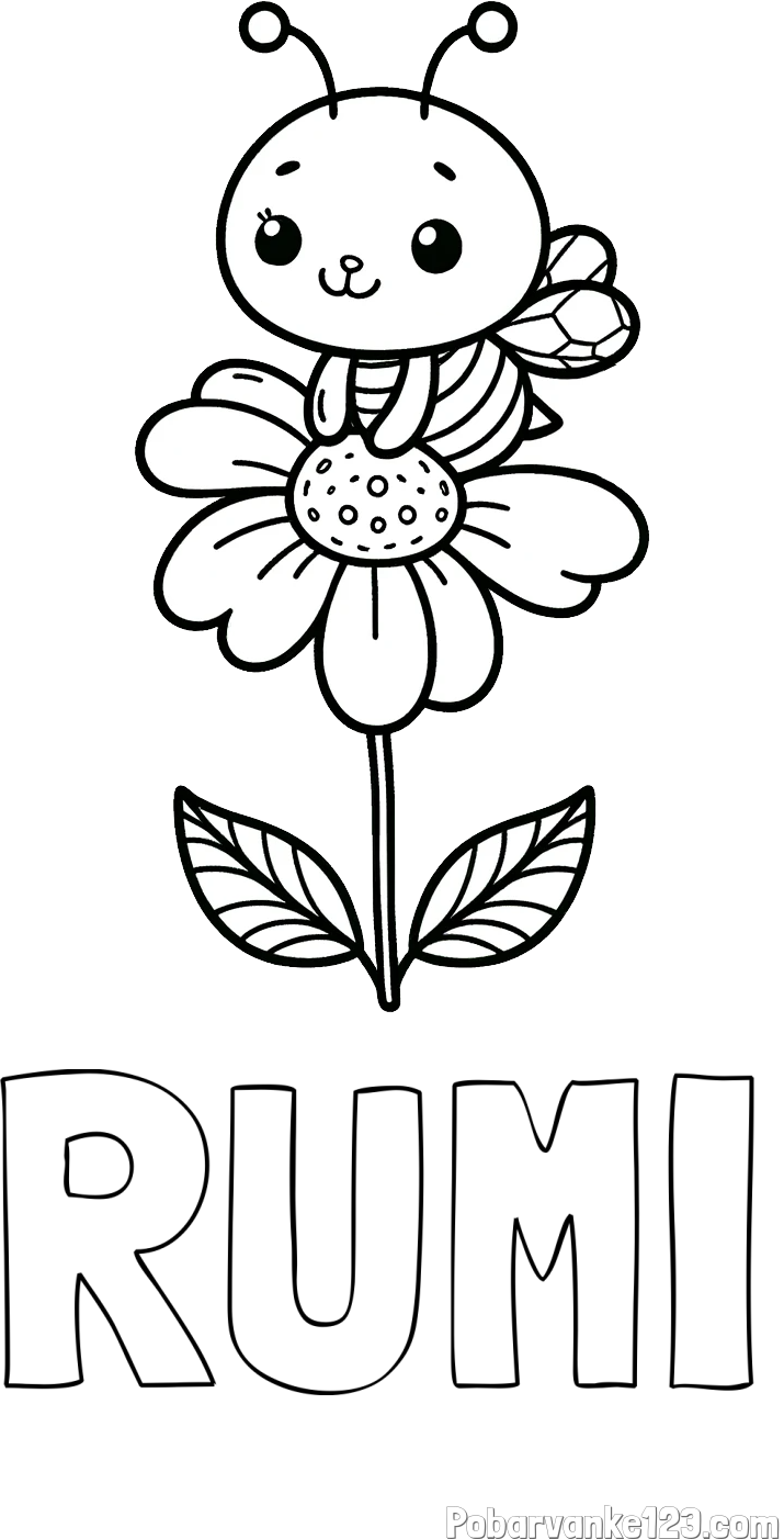 Pobarvanka imena RUMI in pobarvanka ljubke čebelice na roži