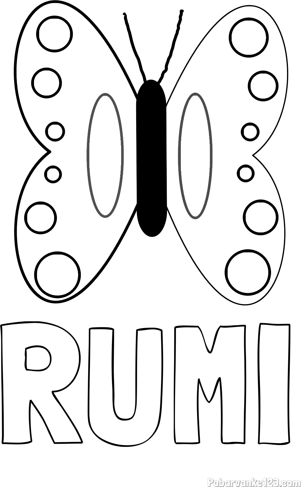 Pobarvanka imena RUMI in preprosta otroška pobarvanka metuljčka