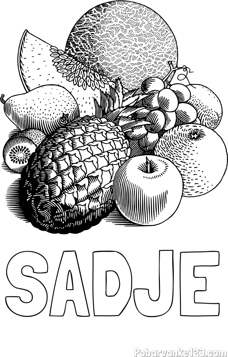 Pobarvanka imena SADJE in pobarvanka sadja (ananas, melona, jabolka, kivi, grozdje, pomaranča...)