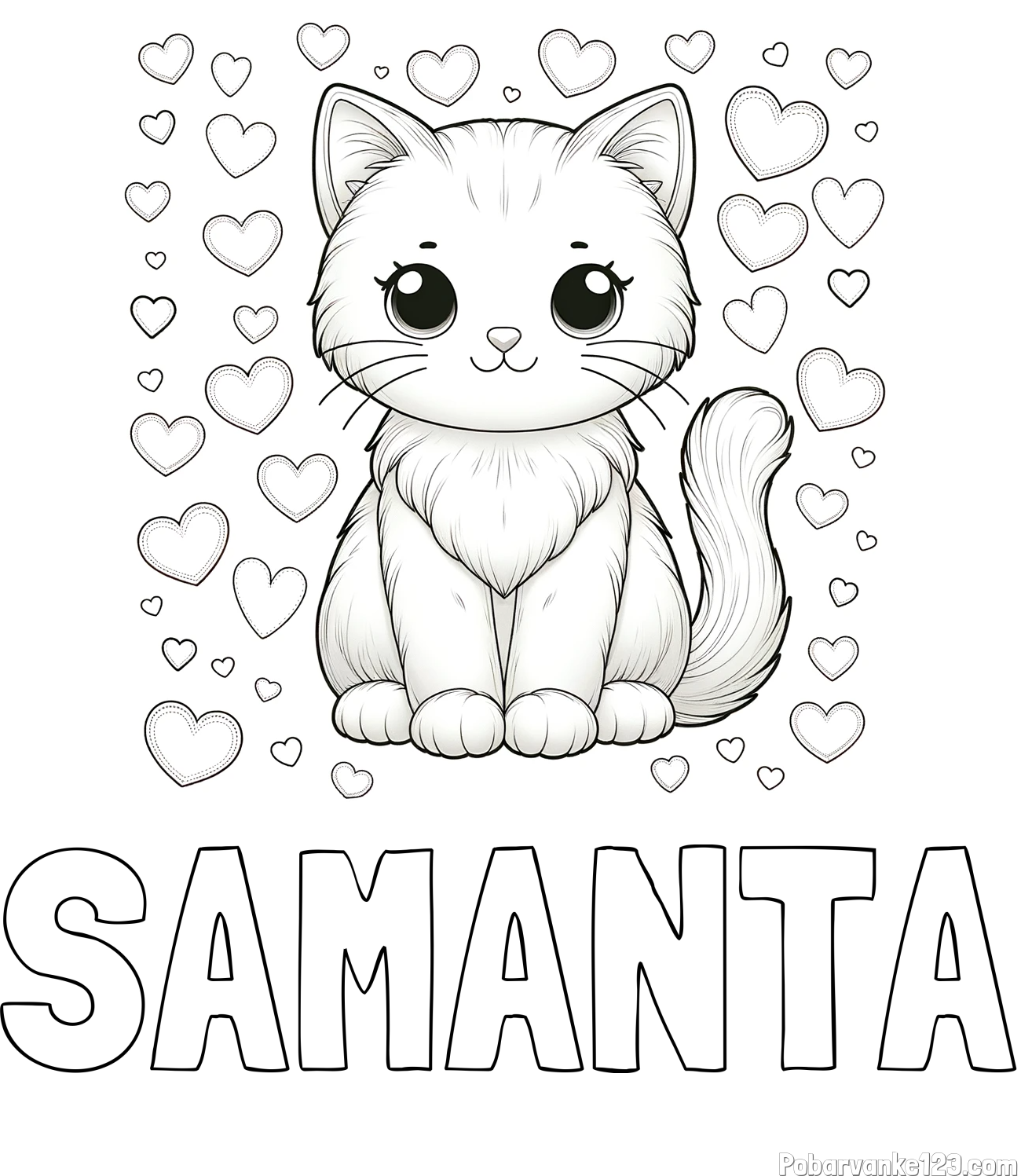 Pobarvanka imena SAMANTA in pobarvanka ljubke mucke obdane s srčki
