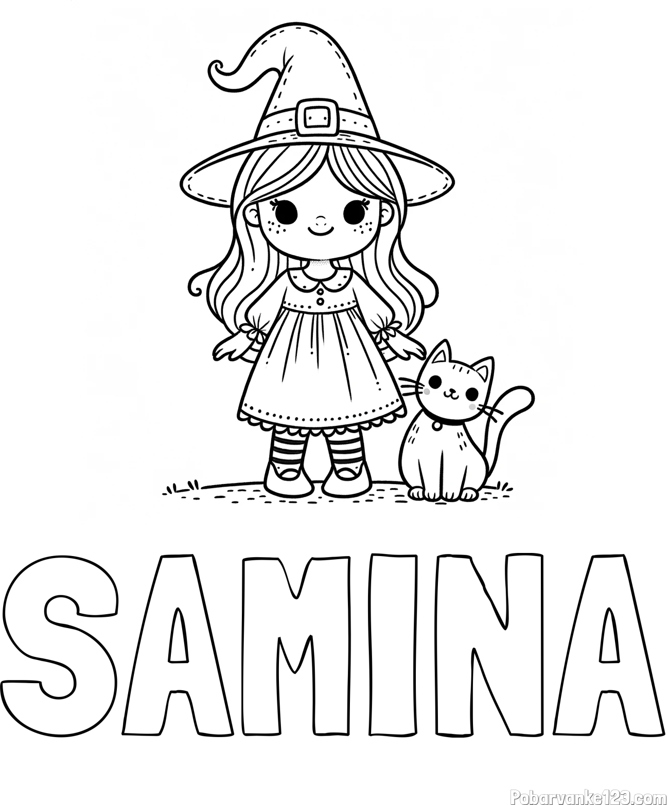 Pobarvanka imena SAMINA in Čudovita pobarvanka ljubke čarovnice in nasmejane mačke
