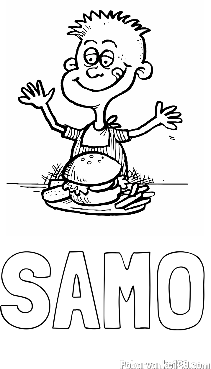 Pobarvanka imena SAMO in pobarvanka otroka, ki je slastni hamburger z ocvrtim krompirčkom