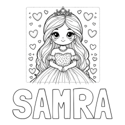 Online izdelana pobarvanka - Pobarvanka imena SAMRA in pobarvanka ljubke princese obdane s srčki