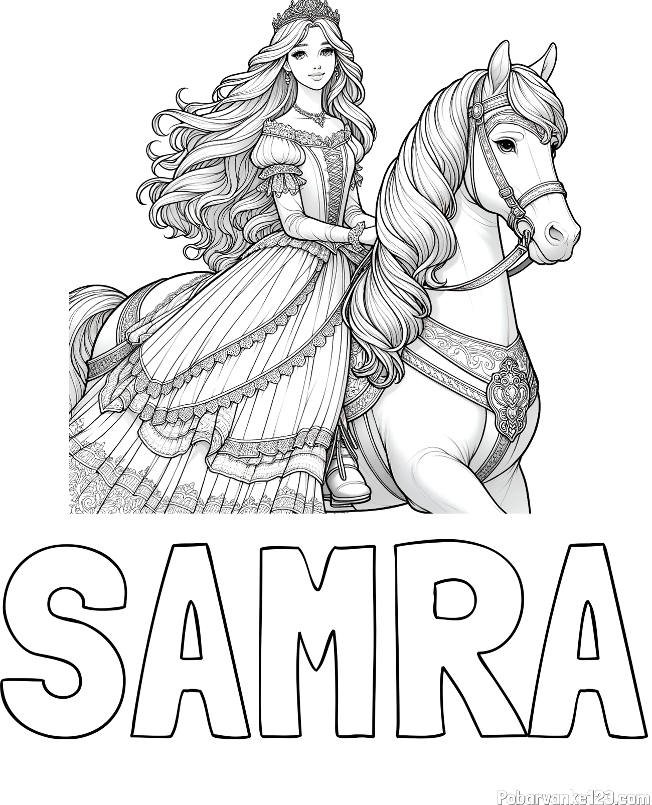 Pobarvanka imena SAMRA in pobarvanka nasmejana princese na konju