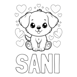 Online izdelana pobarvanka - Pobarvanka imena ŠANI in pobarvanka ljubkega kužka obdanega s srčki