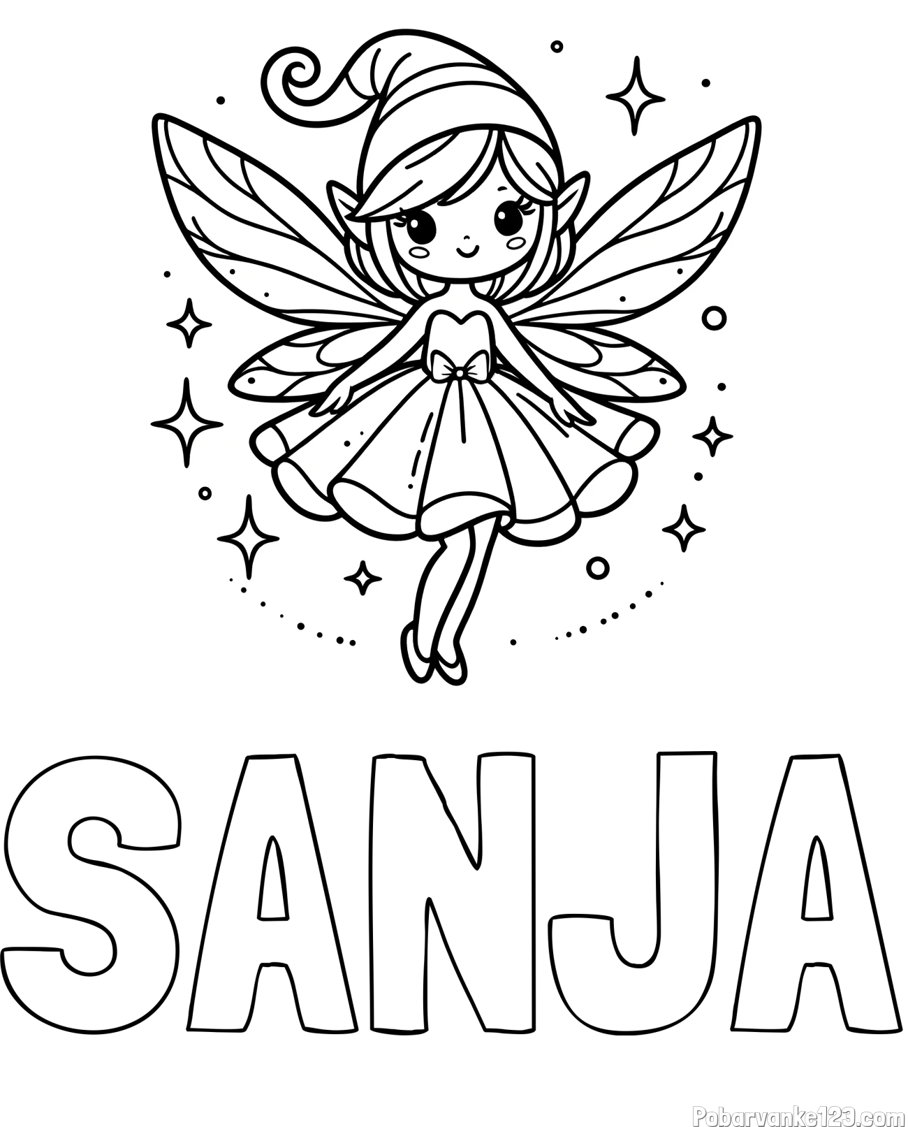Pobarvanka imena SANJA in otroška pobarvanka čudovite vile