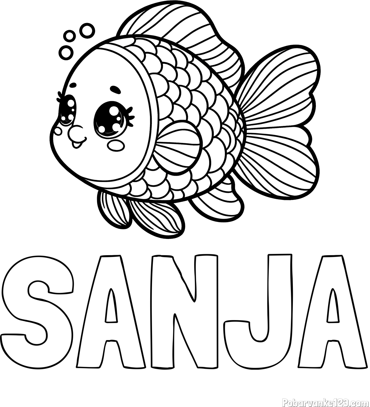 Pobarvanka imena SANJA in pobarvanka ribe z bujnimi plavutmi