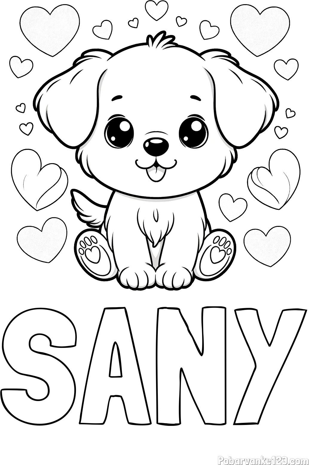 Pobarvanka imena SANY in pobarvanka ljubkega kužka obdanega s srčki