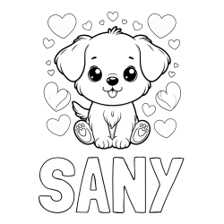 Online izdelana pobarvanka - Pobarvanka imena SANY in pobarvanka ljubkega kužka obdanega s srčki