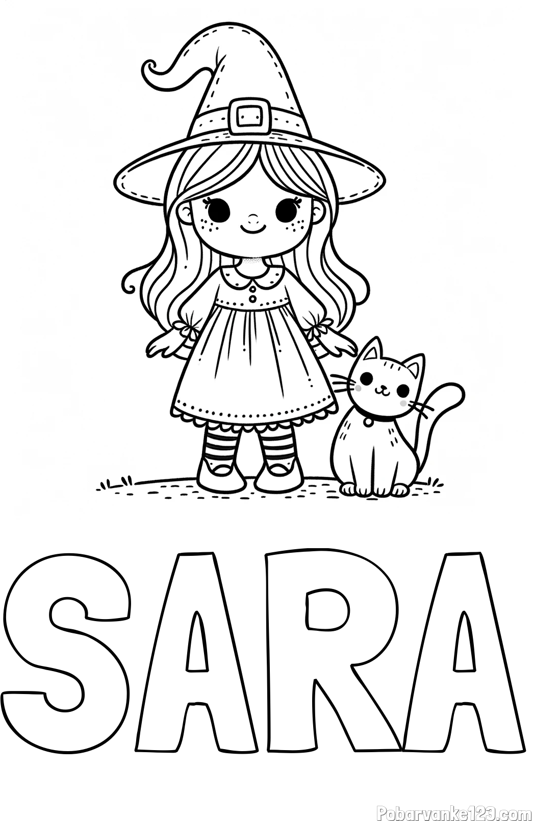 Pobarvanka imena SARA in Čudovita pobarvanka ljubke čarovnice in nasmejane mačke