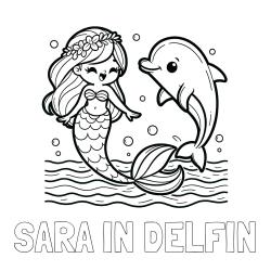 Online izdelana pobarvanka - Pobarvanka imena SARA IN DELFIN in pobarvanka ljubke morske deklice, ki pleše z delfinom