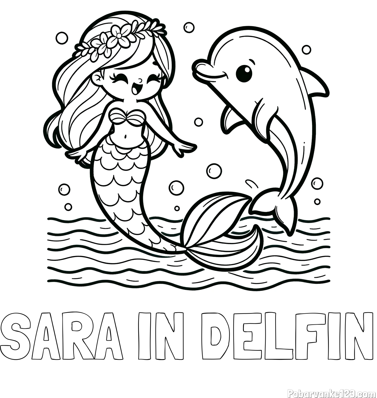 Pobarvanka imena SARA IN DELFIN in pobarvanka ljubke morske deklice, ki pleše z delfinom
