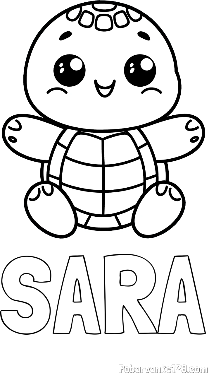 Pobarvanka imena SARA in otroška pobarvanka ljubke in nasmejane želvice