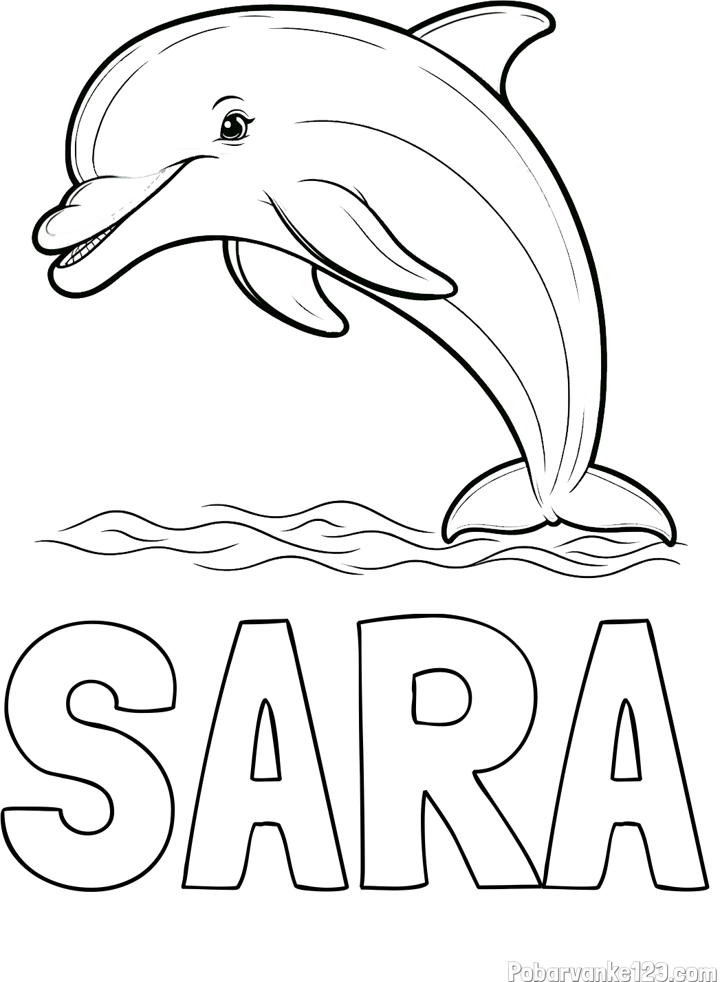 Pobarvanka imena SARA in otroška pobarvanka nasmejanega delfina v skoku