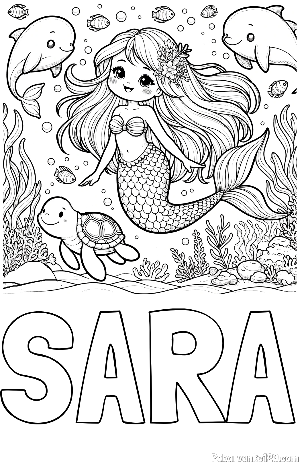 Pobarvanka imena SARA in pobarvana ljubke morske deklice s prijatelji
