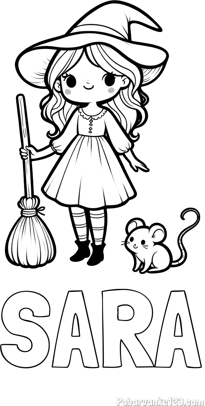 Pobarvanka imena SARA in pobarvanka čarovnice z metlo in miško