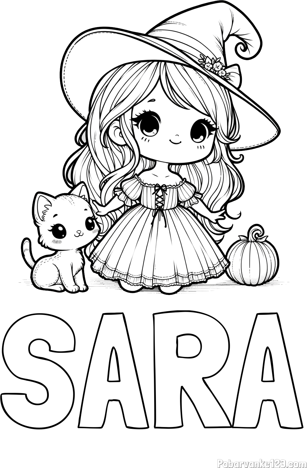 Pobarvanka imena SARA in pobarvanka ljubke čarovnice, muce in buče