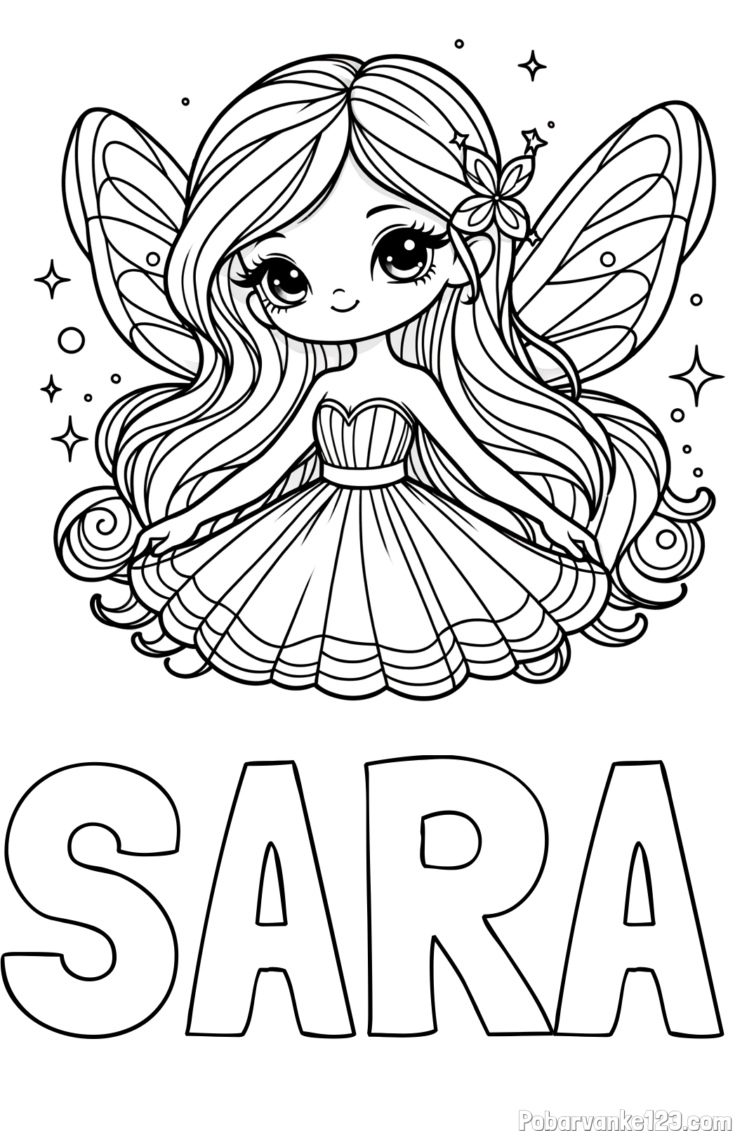 Pobarvanka imena SARA in pobarvanka ljubke in nasmejane čarobne vile