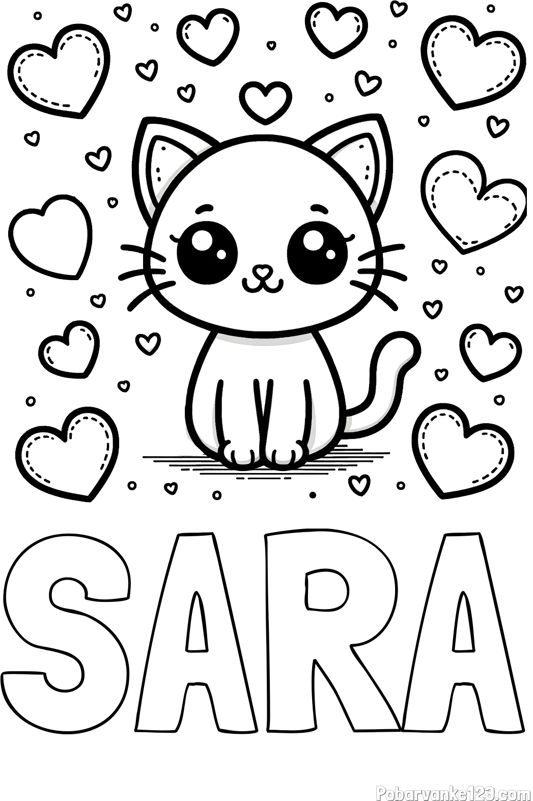 Pobarvanka imena SARA in pobarvanka ljubke mucke obdane z veliko srčki