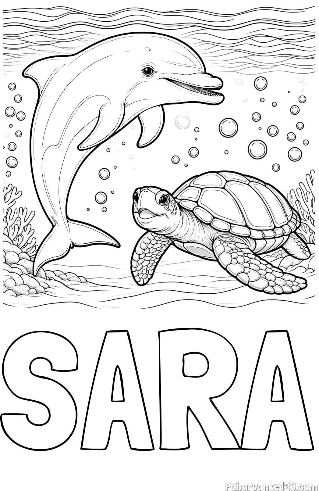Pobarvanka imena SARA in pobarvanka ljubkega delfina in njegove prijateljice želve