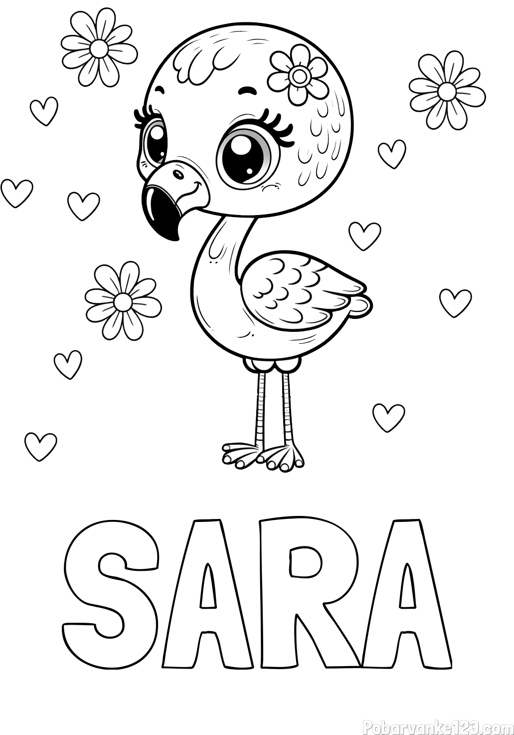 Pobarvanka imena SARA in pobarvanka mladička flaminga z rožicami in srčki