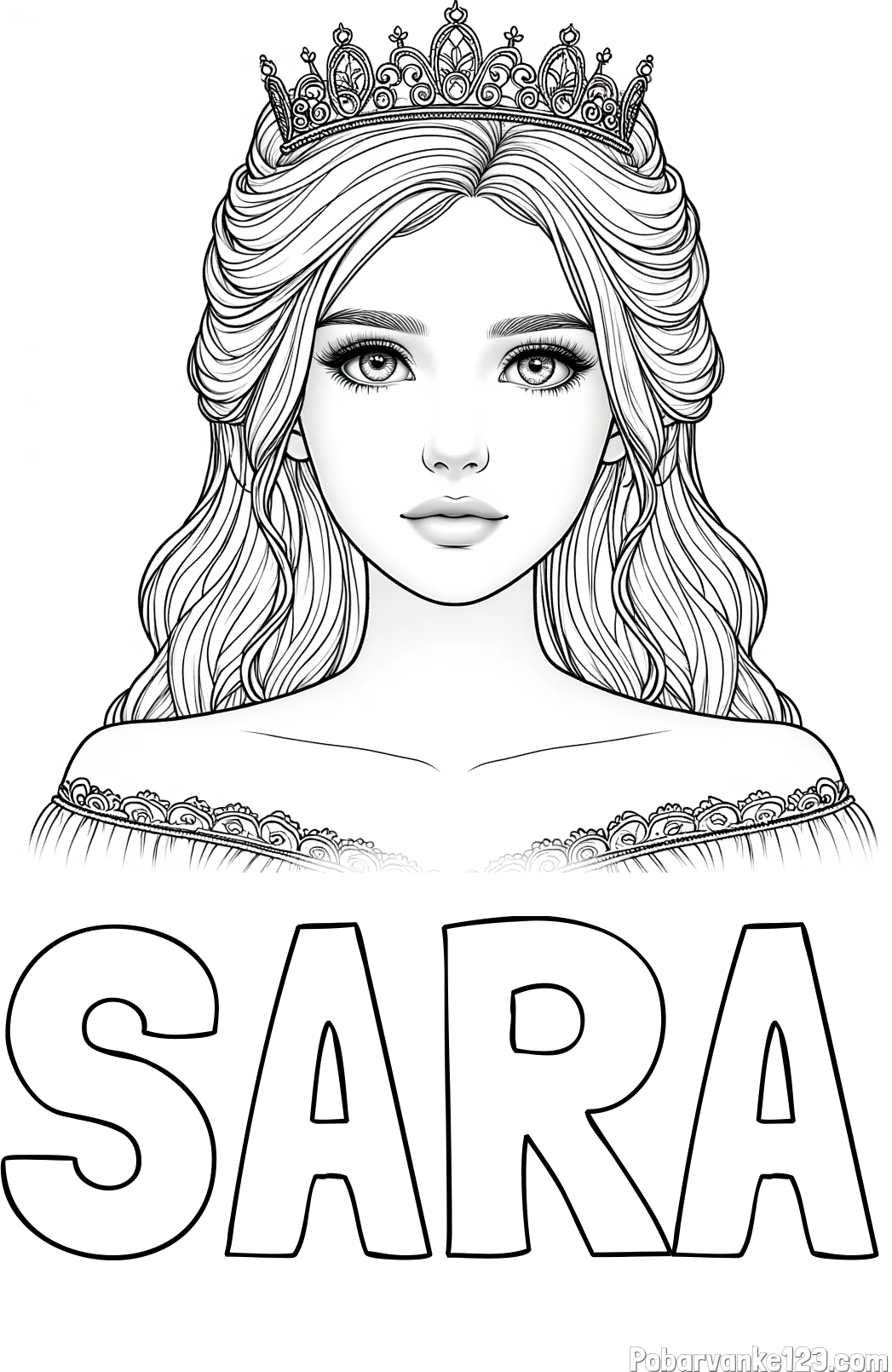 Pobarvanka imena SARA in pobarvanka prikupne princeske s čudovitimi očmi