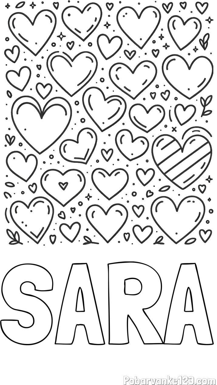 Pobarvanka imena SARA in pobarvanka različnih srčkov