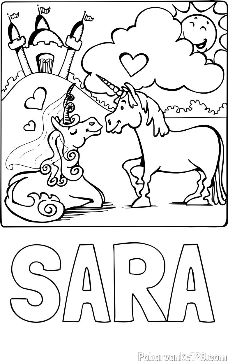 Pobarvanka imena SARA in pobarvanka zaljubljenih samorogov