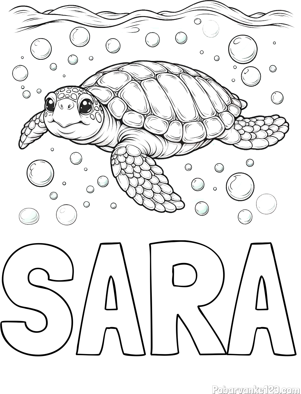 Pobarvanka imena SARA in pobarvanka želve v morju