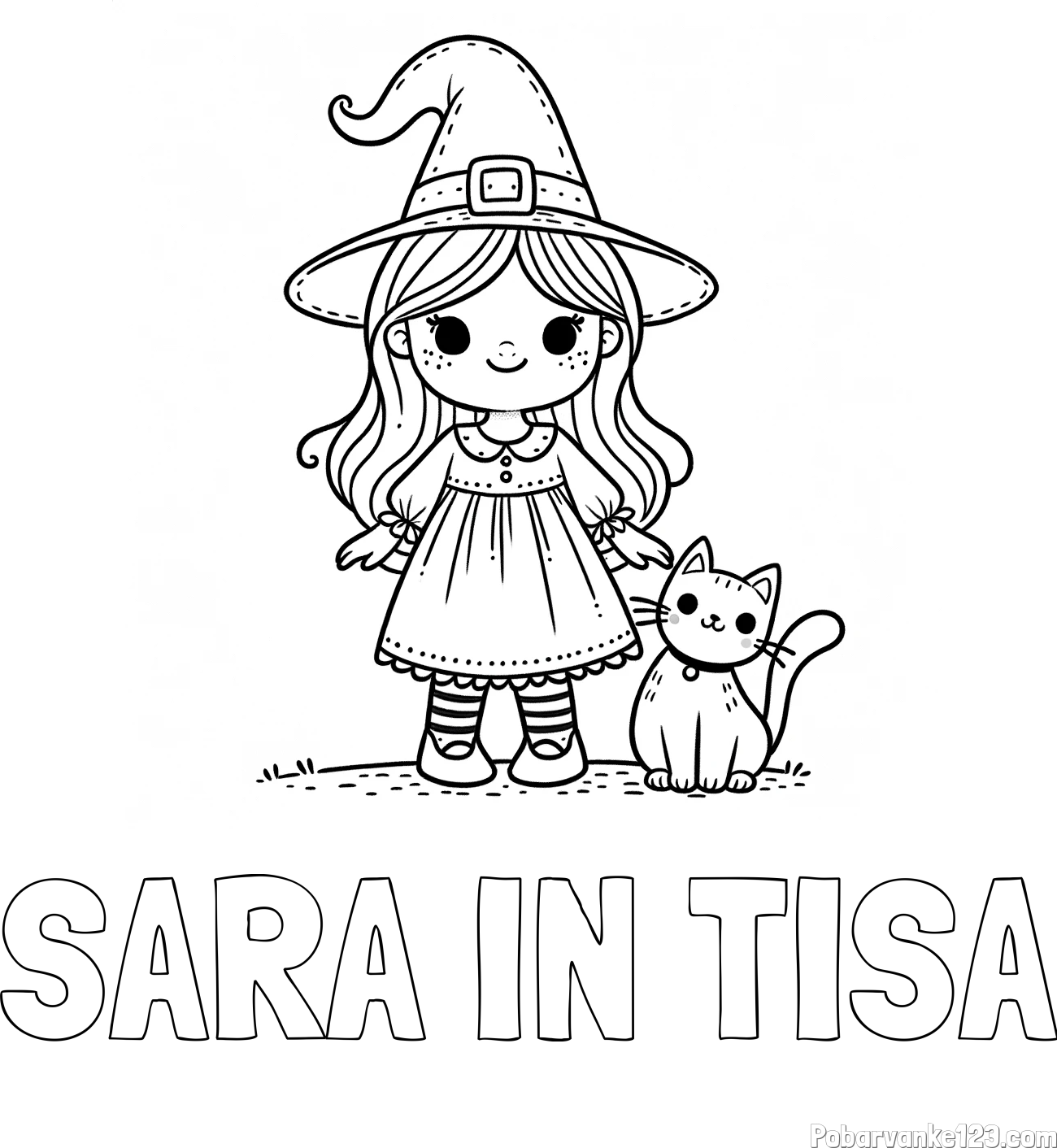 Pobarvanka imena SARA IN TISA in Čudovita pobarvanka ljubke čarovnice in nasmejane mačke