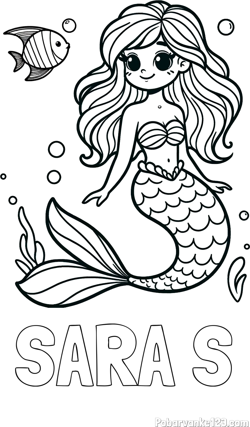 Pobarvanka imena SARA Š in pobarvanka male morske deklice in ribice