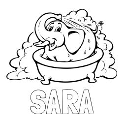 Pobarvanka imena SARA ter nasmejanega slončka