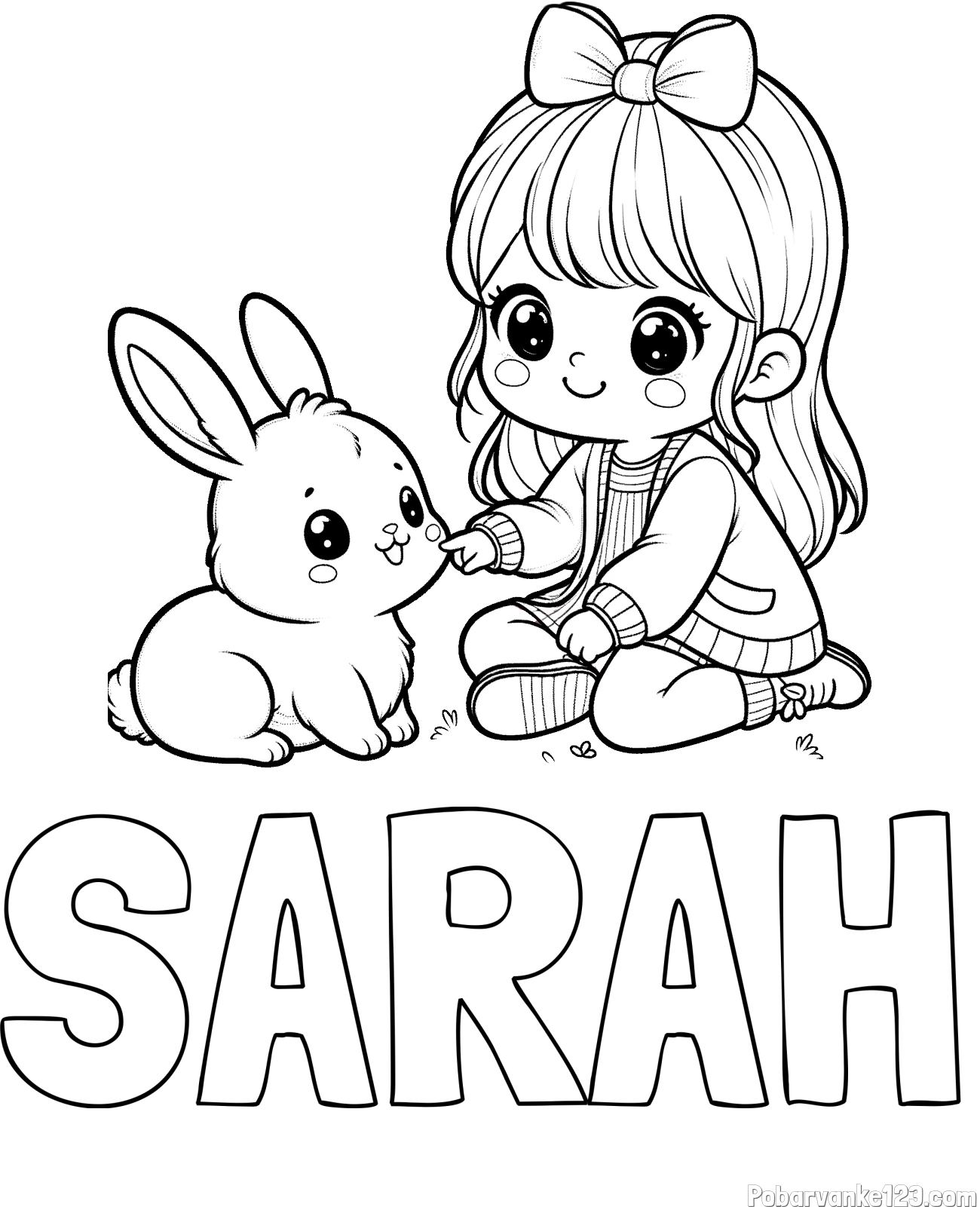 Pobarvanka imena SARAH in pobarvanka ljubke punčke, ki se igra z zajčkom