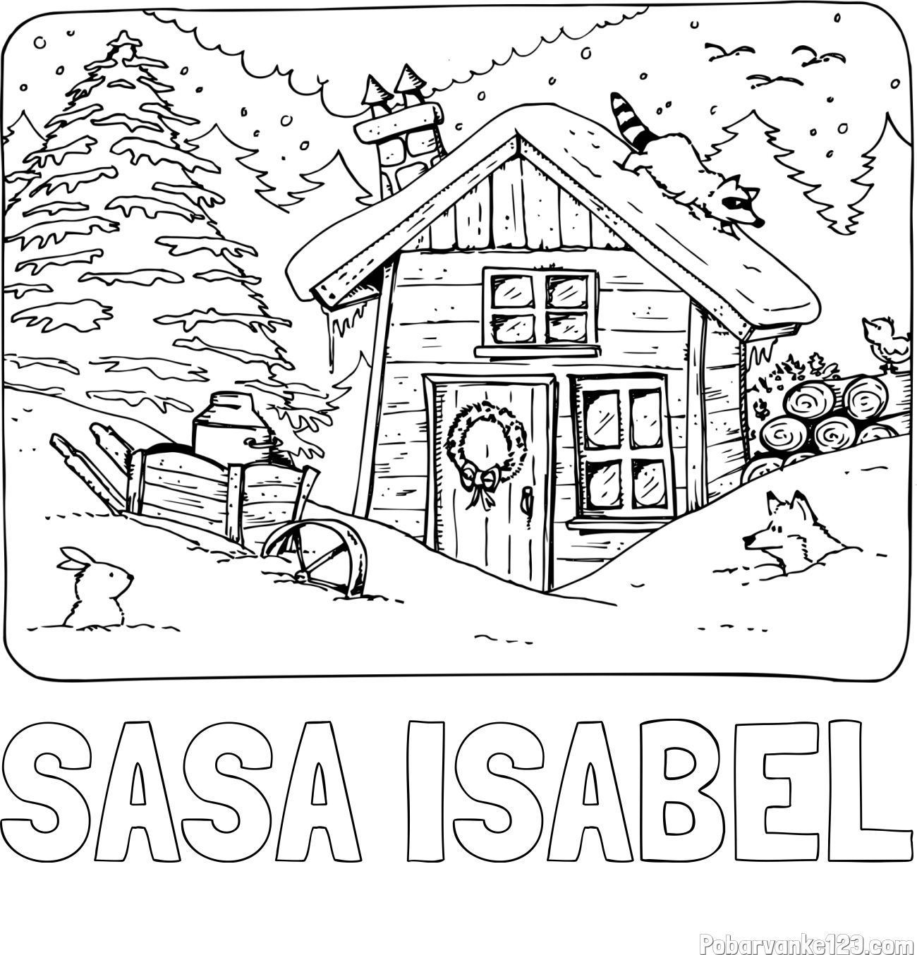 Pobarvanka imena SAŠA ISABEL in pobarvanka zasnežene pokrajine s hiško