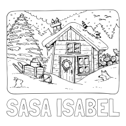 Online izdelana pobarvanka - Pobarvanka imena SAŠA ISABEL in pobarvanka zasnežene pokrajine s hiško