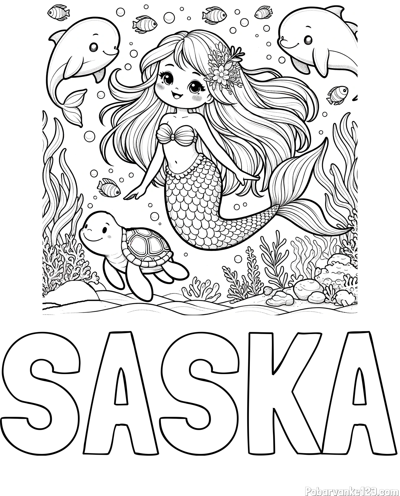 Pobarvanka imena SAŠKA in pobarvana ljubke morske deklice s prijatelji
