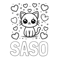 Online izdelana pobarvanka - Pobarvanka imena SAŠO in pobarvanka ljubke mucke obdane z veliko srčki