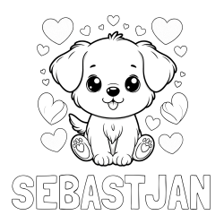 Online izdelana pobarvanka - Pobarvanka imena SEBASTJAN in pobarvanka ljubkega kužka obdanega s srčki