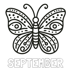 Online izdelana pobarvanka - Pobarvanka imena SEPTEMBER in preprosta pobarvanka metulja